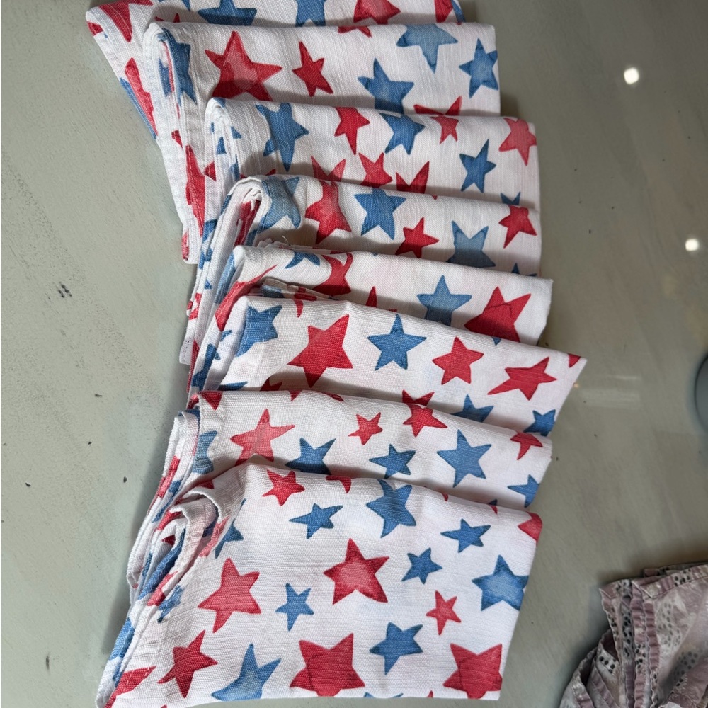 8 Red & Blue Star Cotton Napkins - Set of Patterned Whites